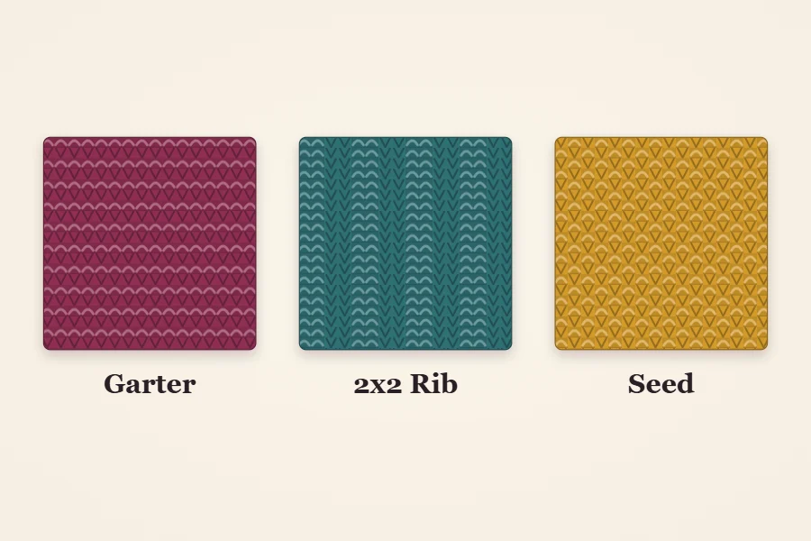Three knitted swatches labeled Garter, 2x2 Rib and Seed, the stitches that look the same on both sides