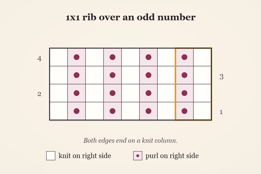 Stitch chart for 1x1 rib over an odd number of stitches, with knit columns shown as empty squares alternating with purl columns shown as dots