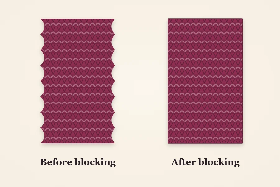 Before and after illustration: a scarf strip with wavy, uneven edges labeled Before blocking, and the same strip with straight edges labeled After blocking
