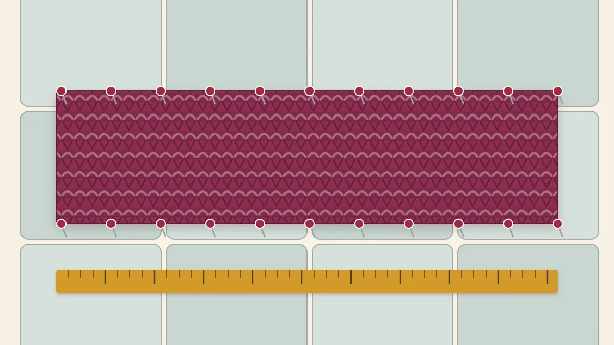 A knitted scarf pinned flat on foam blocking mats, with pins along the edges and a tape measure beside it