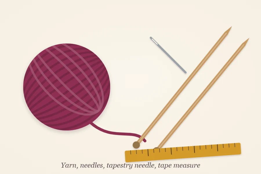 A starter kit laid out: one ball of worsted-weight yarn, a pair of wooden needles, a tapestry needle and a tape measure
