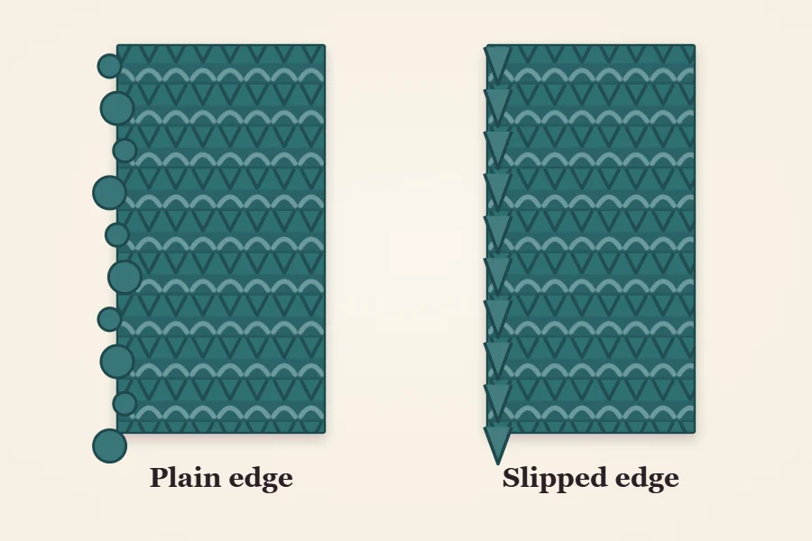 Side-by-side comparison of two scarf strips: one with a wobbly, bumpy edge labeled Plain edge and one with a smooth chain of slipped stitches labeled Slipped edge