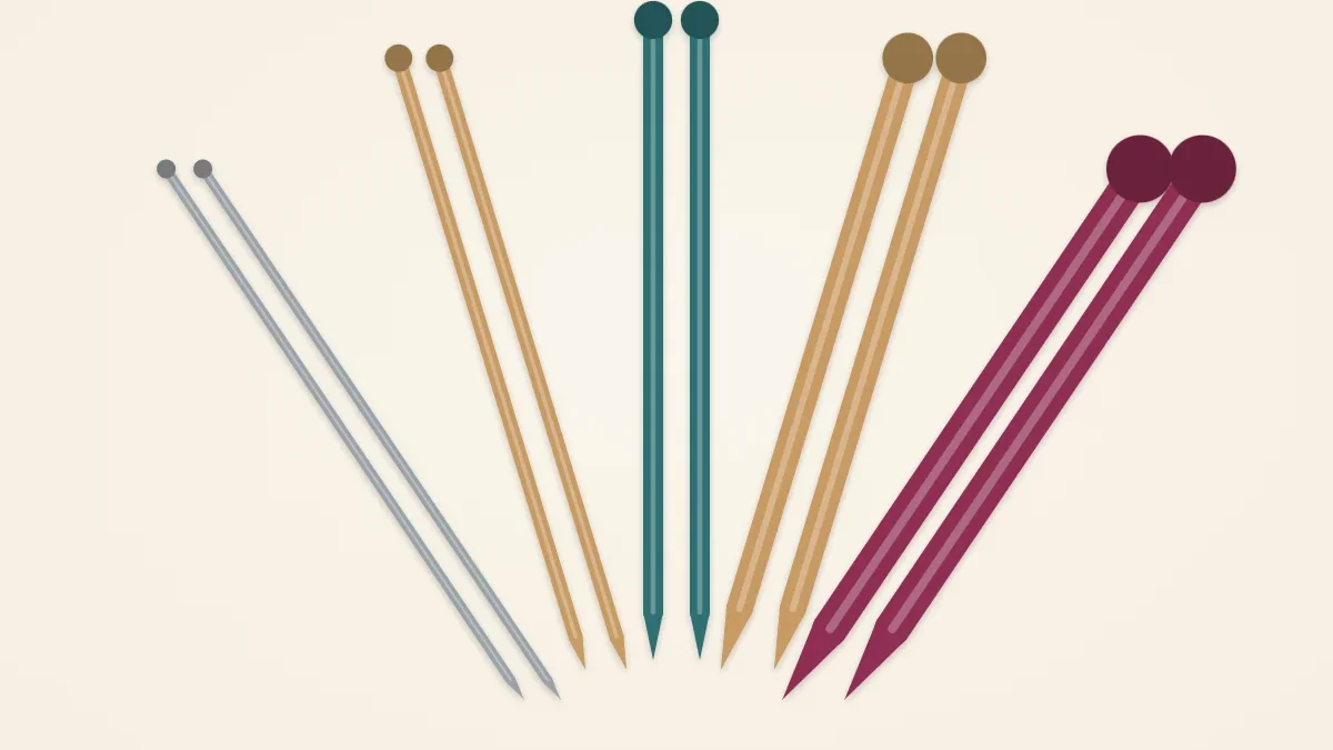 Five pairs of knitting needles in increasing thickness, fanned out on a cream background