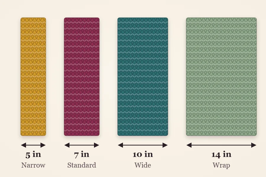 Diagram comparing scarf widths side by side: Narrow 5 in, Standard 7 in, Wide 10 in, Wrap 14 in