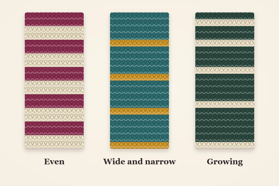 Three scarf strips showing different stripe sequences: even stripes, alternating wide and narrow stripes, and stripes that get gradually wider